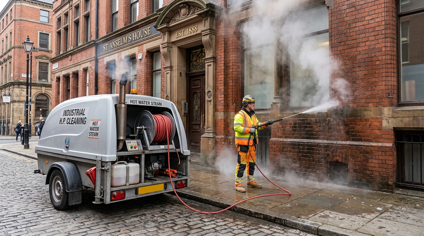Professional high-pressure trailer cleaning building facade with hot water steam